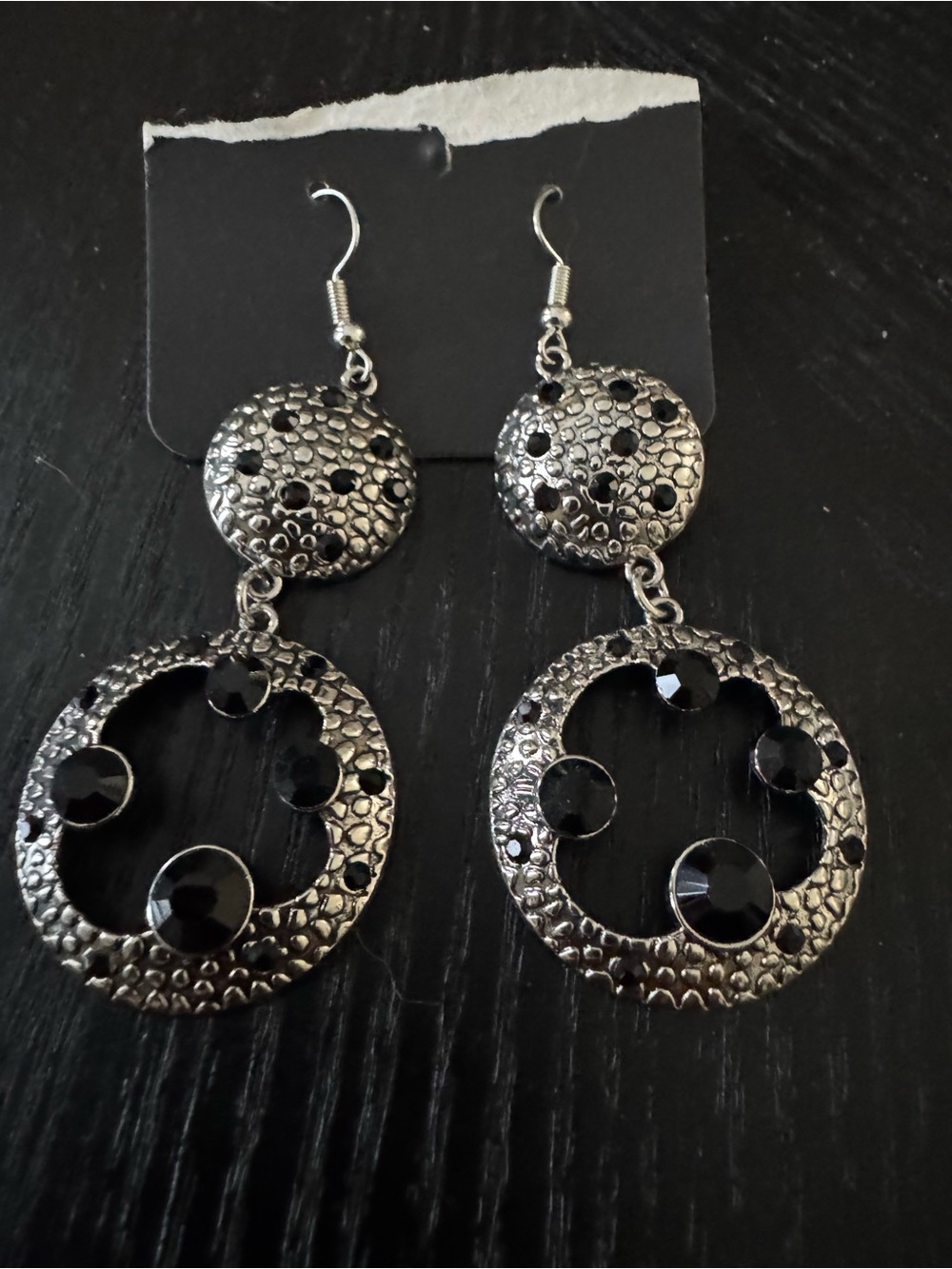 Elegant Black and Silver Textured Drop Earrings